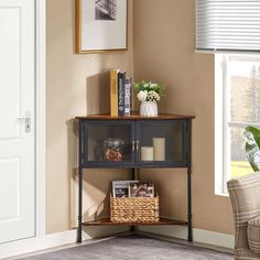 a corner shelf with some books on it