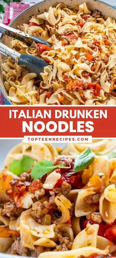 two pictures with different types of pasta in them and the words italian drunk noodles on top