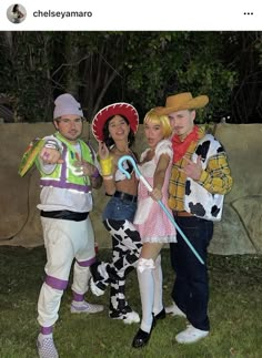 three people dressed up as toy story characters