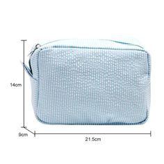 Hign-concerned Chemical : None Place Of Origin : China (mainland) Item Width : 14cm Item Length : 21.5 cm Item Height : 9cm Model Number : Cosmetic Bag Material Composition : Nylon Shape : Pillow Pattern Type : Striped Closure Type : zipper Style : fashion Main Material : CANVAS Brand Name : BOBAG CN : Hebei Item Type : Cosmetic Cases Spanish buyers Attention: If your address includes following postal codes, please do not choose the Spanish warehouse. The Zip code starts with 35/38. The overseas warehouse cannot deliver. Seersucker Cosmetic Bag Zipper Closure Travel Large Make Up Organizer Waterproof Nylon Toiletry Case for Women Girls  Feature: 1.Material: The cosmetic bag is made of high-quality seersucker, which is soft to the touch. Easy clean up! Lightweight and durable, it fits easil Blue Large Capacity Pouch For Daily Use, Blue Spacious Pouch For Daily Use, Portable Light Blue Pouch Bag, Casual Blue Rectangular Pouch, Blue School Pouch With Zipper Closure, Blue Zipper Closure Pouch For School, Portable Rectangular Light Blue Bag, Light Blue Zipper Pouch Bag For Travel, Blue Rectangular Bag With Zipper Pouch