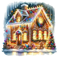 a christmas house with lights and decorations on the roof is shown in this watercolor painting