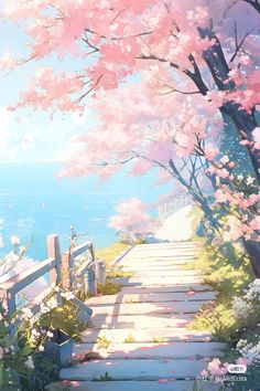 a painting of a path leading to the ocean with pink flowers on it and trees in bloom