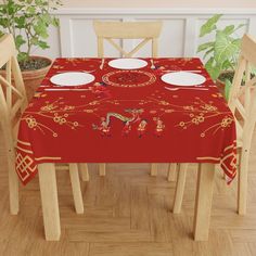 "This beautiful Asian print Red Chinese themed tablecloth with lanterns, Dragons and Flowers is symbolic of the Chinese traditional New Year Celebrations.A perfect table decor for Chinese New Year celebration, events, functions and parties. Measuring in at 55.1\" by 55.1\" inches.  .: One size (55.1\" × 55.1\") (140 cm × 140 cm) .: 100% polyester .: One-sided print .: Soft and light  :Machine wash cold max 30 C or 90 F :Tumble dry on low heat. :Do not iron. :Do not dry clean. :Non chlorine : bleach as needed" New Year Table, Festive Home Decor, Asian Homes, Asian Home Decor, Dragon Print, Chinese Traditional, Lunar New Year, Lunar New, Linen Tablecloth