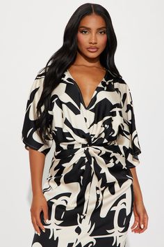 Available In Black/White. Satin Maxi Dress V-neck Short Sleeves Knot Detail Hidden Back Zipper Slight stretch Disclaimer: Print Placement Will Vary 100% Polyester Imported | Katrina Satin Maxi Dress in Black/White size Small by Fashion Nova Fashion Nova Floral Dress, Black Printed V-neck Kaftan, Black V-neck Dress With Abstract Print, Satin Maxi, Satin Maxi Dress, Print Placement, Black White Fashion, White Satin, Matching Dresses