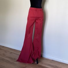 Aaron & Amber Claire Distressed Flare Pants Waist 12” Inches Rise 11” Inches Inseam 35” Inches Red Wide Leg Flare Jeans For Fall, Red High Waist Flare Jeans For Spring, Red Full-length Jeans For Spring, Spring Red Non-stretch Jeans, Red Flare Cotton Jeans, Red Flared Cotton Jeans, Red Cotton Flare Jeans, Red High Waist Fitted Flare Jeans, High Waist Red Flare Jeans