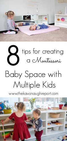 two young children playing with toys in the living room and on the floor are bookshelves that read 8 tips for creating a monteri baby space with multiple kids