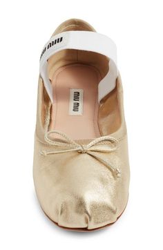 Find MIU MIU Logo Band Ballet Flat on Editorialist. Grosgrain-ribbon trim and a dainty bow authenticate the ballet-inspired look of a metallic leather flat fitted with a logo-embellished stretch band. Leather and textile upper and lining/leather sole Made in Italy Women's Designer Shoes Miu Miu Logo, Gift Logo, Gold Ballet Flats, Gold Flats, Stretch Band, Stretch Bands, Womens Ballet Flats, Fabric Gift Bags, Footwear Design Women