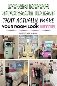 there is a collage of pictures with the words dorm room storage ideas that actually make your room look better