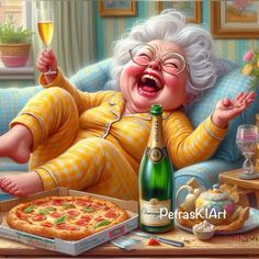 a painting of an older woman eating pizza and drinking champagne