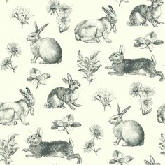 an image of rabbits and flowers in black and white on a wallpapered background