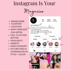 the instagram is your magazine cover with pink and black photos, text that reads