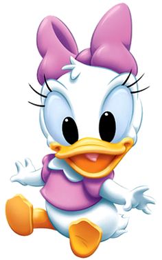 a cartoon duck with a pink bow on its head and legs, sitting in front of a white background