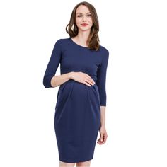 3/4 Sleeve Round Neck Front Pleat Maternity Dress Blue Maternity Dress Nursing Friendly, Blue Fitted Maternity Dress Bump Friendly, Blue Long Sleeve Maternity Dress For Spring, Fitted Blue Nursing-friendly Maternity Dress, Fitted Blue Maternity Dress Nursing Friendly, Spring Blue Nursing-friendly Dress, Blue Knee-length Maternity Dress, Spring Blue Nursing Friendly Dress, Long Sleeve Blue Maternity Dress