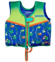 a child's life jacket with an orange and blue design on the front, featuring fish