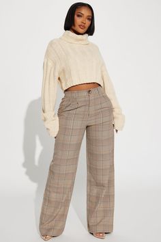 Talk Later Wide Leg Plaid Trouser - Khaki/combo Plaid Trousers Outfit, Trouser Outfit, Plaid Trousers, Women Talk, Plaid Print, Bottom Clothes, Trouser Pants, Bottoms Pants, Work Outfit