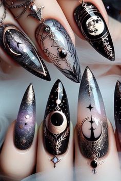 Unleash your inner sorceress with these bewitching nail designs! From gothic black to shimmering crystals, these witchy nails will add a touch of magic to your look. #witchynails #nailart #magicnails Witchy Nails Almond, Witchy Halloween Nails, Astrology Nails, Emo Nails, Imp Oc, Magical Nails, Bee Nails, Wife Clothes, Holloween Nails