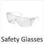 safety glasses with clear lens and white frame on the front, in black text that reads safety glasses