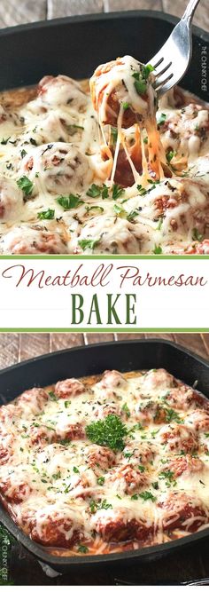 two images showing different types of meatball parmesan bake