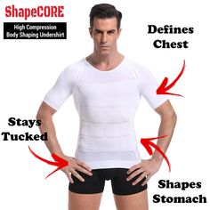 a man with his hands on his hips wearing a white shirt and black shorts that says shape core