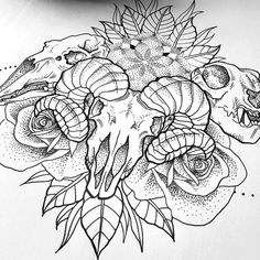 a skull and roses tattoo design on paper