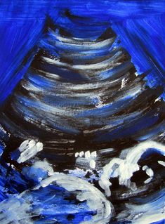 an acrylic painting of a pyramid in blue and black with white swirls