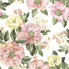 Watercolor Floral Bouquet Peel & Stick Wallpaper in Pink by York Wallcoverings Roommate Decor, Dorm Furniture, Natural Furniture, Peony Rose, Storing Paint, Romantic Design, Peel Stick Wallpaper, Watercolor Effects, Burke Decor