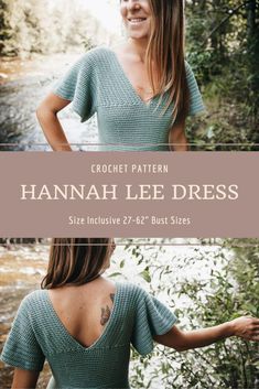 a woman standing in front of a river wearing a crochet top with the words hannah lee dress