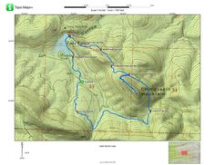 a map showing the route to the top of a mountain with a blue trail marker on it