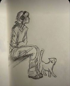 a drawing of a person sitting on a bench next to a cat