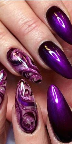 Chrome Nails Art, Purple Nails Ideas, Black And Purple Nails, Purple Nail Art Designs, Dark Purple Nails, Purple Ombre Nails, Purple Glitter Nails, Nails Art Ideas