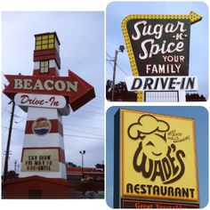 four different restaurant signs are shown in three different pictures, one for the drive - in and one for the diner