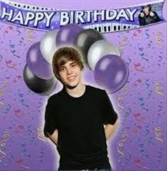 a young man standing in front of a purple background with balloons and confetti