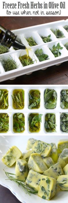 fresh herbs in olive oil on a white plate next to an open tray with green leaves