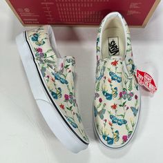 Brand: Vans Off The Wall Style: Classic Slip-On Sneakers Color: Butterfly Floral Marshmallow Condition: New With Tags. Box Is Missing Lid. See All Photos For Details. Size: Men's 10 / Women’s 11.5 -Canvas Upper -Slip-On Style -Signature Rubber Waffle Outsoles -Butterfly And Floral Multi Colored All Over Print Floral Vans Shoes, Purple Butterfly Vans, Butterflies Vans, Tie Dye Vans Slip Ons, Vans Custom Slip-on Sneakers With Rubber Sole, All Black Vans, Vans Old School, White Casual Shoes, White Sneakers Men