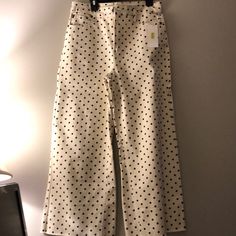 Cotton Pants With Stretch Cream With Black Dots Size 5 Spring Polka Dot Cotton Pants, Polka Dot Cotton Bottoms With Pockets, Casual Polka Dot Cotton Bottoms, Polka Dot Wide Leg Bottoms With Pockets, Spring Polka Dot Bottoms With Pockets, Chic Polka Dot Bottoms For Spring, Chic High Waist Polka Dot Bottoms, Casual Wide Leg Polka Dot Pants, Casual Polka Dot Wide Leg Pants