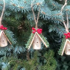 three bells hanging from a tree with red bows on it's head and some pine cones in the background