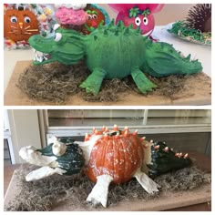 there are two pictures of fake animals made out of pumpkins and other items on display