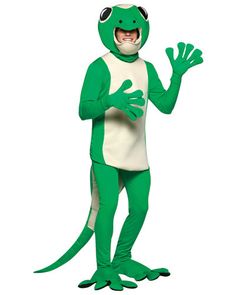 a man in a green and white frog costume standing with his hands out to the side