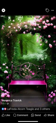 a pink bench sitting in the middle of a lush green forest with roses on it