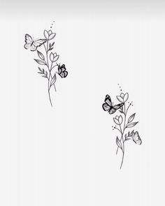 two black and white flowers with butterflies flying around them on a white wallpaper background