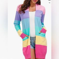 Light Weight Knit Casual Long Sleeve Pink Cardigan, Casual Pink Long Sleeve Cardigan, Casual Color Block Cotton Cardigan, Trendy Pink Soft Knit Cardigan, Colorful Color Block Sweater For Spring, Casual Pastel Winter Sweater, Spring Color Block Sweater For Layering, Multicolor Color Block Sweater For Spring, Spring Color Block Knit Sweater