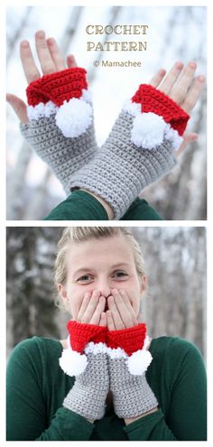 a woman is holding her hands up to her face while wearing crochet gloves