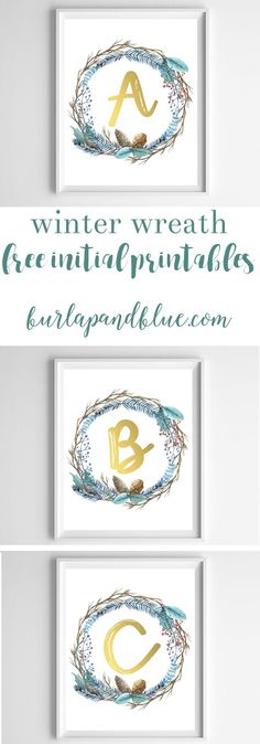 three watercolor paintings with the letter a in gold and blue