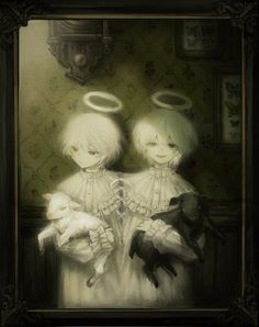 two children with angel wings holding cats in their hands