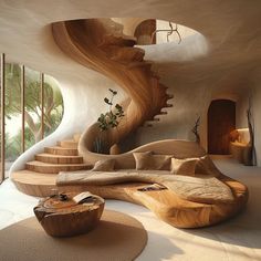 a living room filled with furniture and a spiral staircase in the middle of it's walls