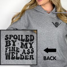 Welder Wife Crewneck Sweatshirt, Hoodie, Long Sleeve Tee or T-shirt is the perfect gift for any welder girlfriend, wife, or fiancee for birthday, Christmas, or Anniversary! If you would like personalization on the front pocket, enter it in the personalization box.  T-shirt: This is made with the Bella & Canvas 3001 classic unisex jersey short sleeve tee.  It fits like a well-loved favorite, soft cotton and quality print make users fall in love with it over and over again. These t-shirts have-rib Blue Collar Wife, Welders Wife, Police Women, Long Sleeve Tee, Front Pocket, San Jose, Bella Canvas, Crewneck Sweatshirt, Hooded Sweatshirts