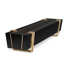 a black and gold console table with an open door on one side, in the shape of a rectangle