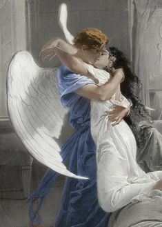 a painting of an angel hugging a woman on the bed with her arm around him