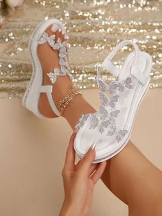 White Fashionable Collar   Animal,Plain  Embellished   Women Shoes Pearl Shoes, Popular Shoes, Fancy Shoes, High Heel Wedges, Women Shoes Online, Peep Toe Sandals, Arte Popular, Heels & Wedges, Platform Wedge Sandals