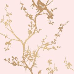 a bird sitting on top of a tree branch next to leaves and branches with flowers